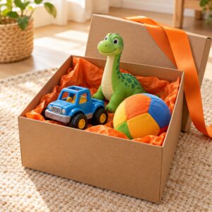 Caixa surpresa com carrinho, dinossauro e bola