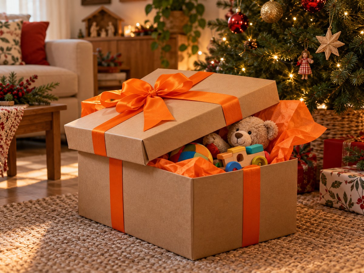 Caixa surpresa com fita laranja ao pé da árvore de Natal