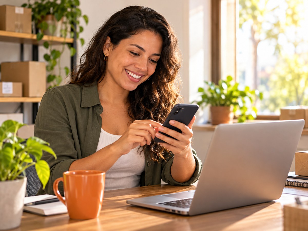 Atendente sorrindo e respondendo mensagens no celular