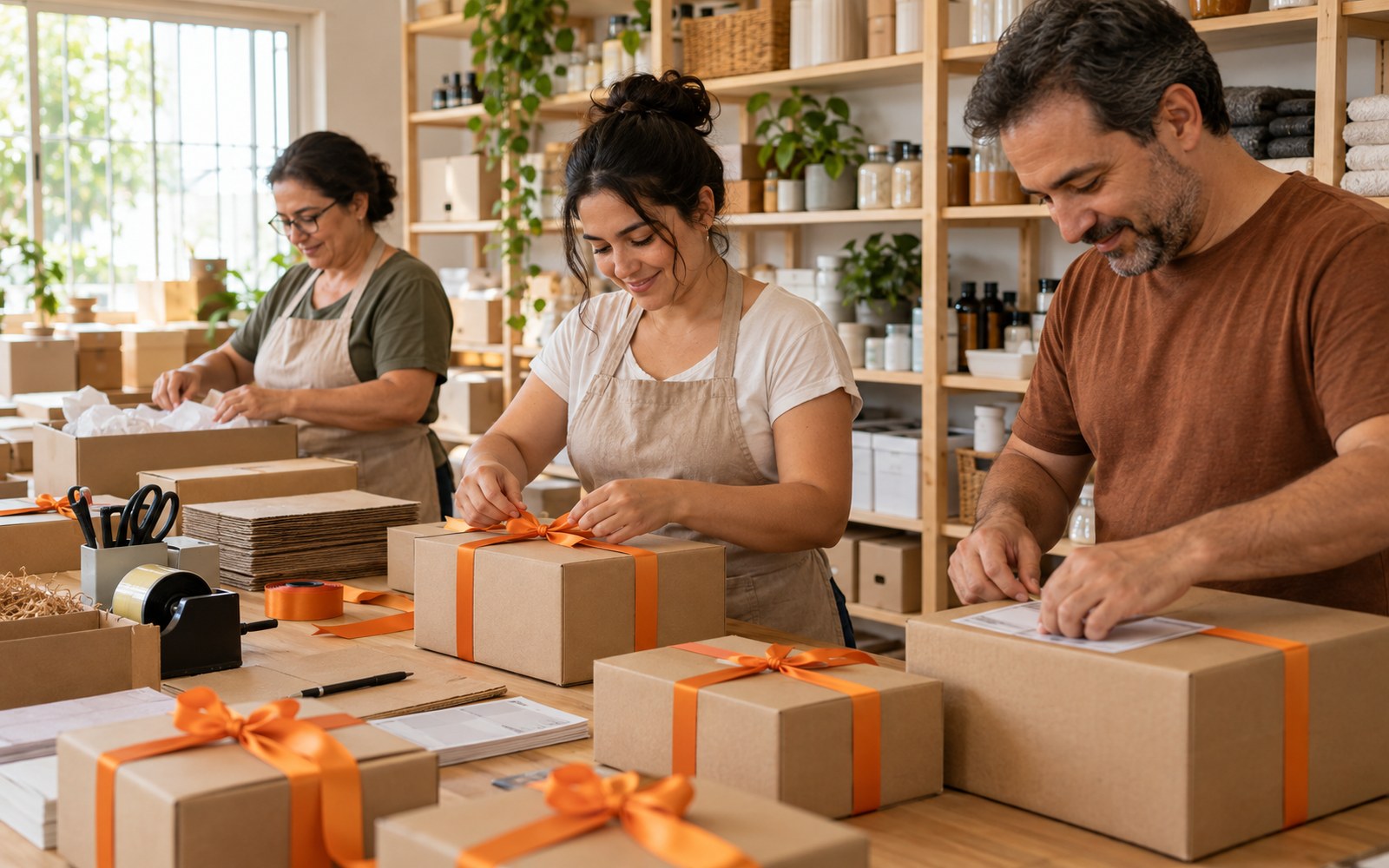 Equipe montando e etiquetando caixas com fita laranja no estoque